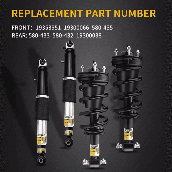 Front&Rear Magnetic Ride Air Shock Struts Assembly for Cadillac Escalade Tahoe Yukon 2007-2014 replacement part numbers displayed.